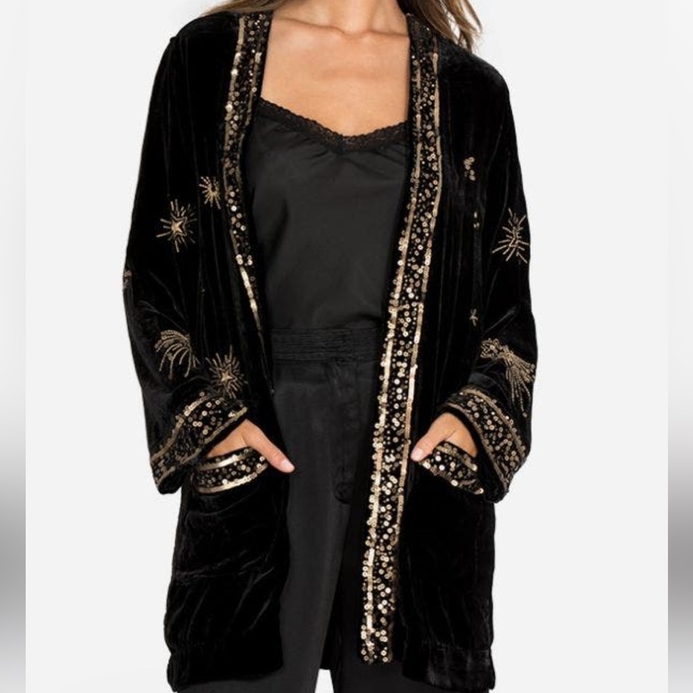 Johnny Was Aruna Velvet Smoking Jacket, Black, XS